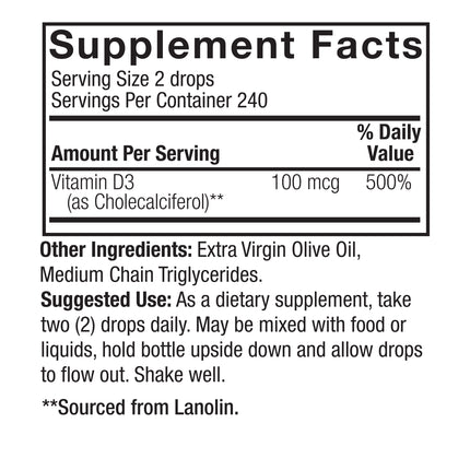 Vitamine D3 4000 IU – Vloeibare Druppels met Olijfolie (240 doseringen / 15 ml) - Nature's Answer - SuperfoodShop