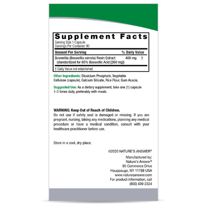 Boswellia Standardized 400mg – 90 Vegan Capsules - Nature's Answer - SuperfoodShop
